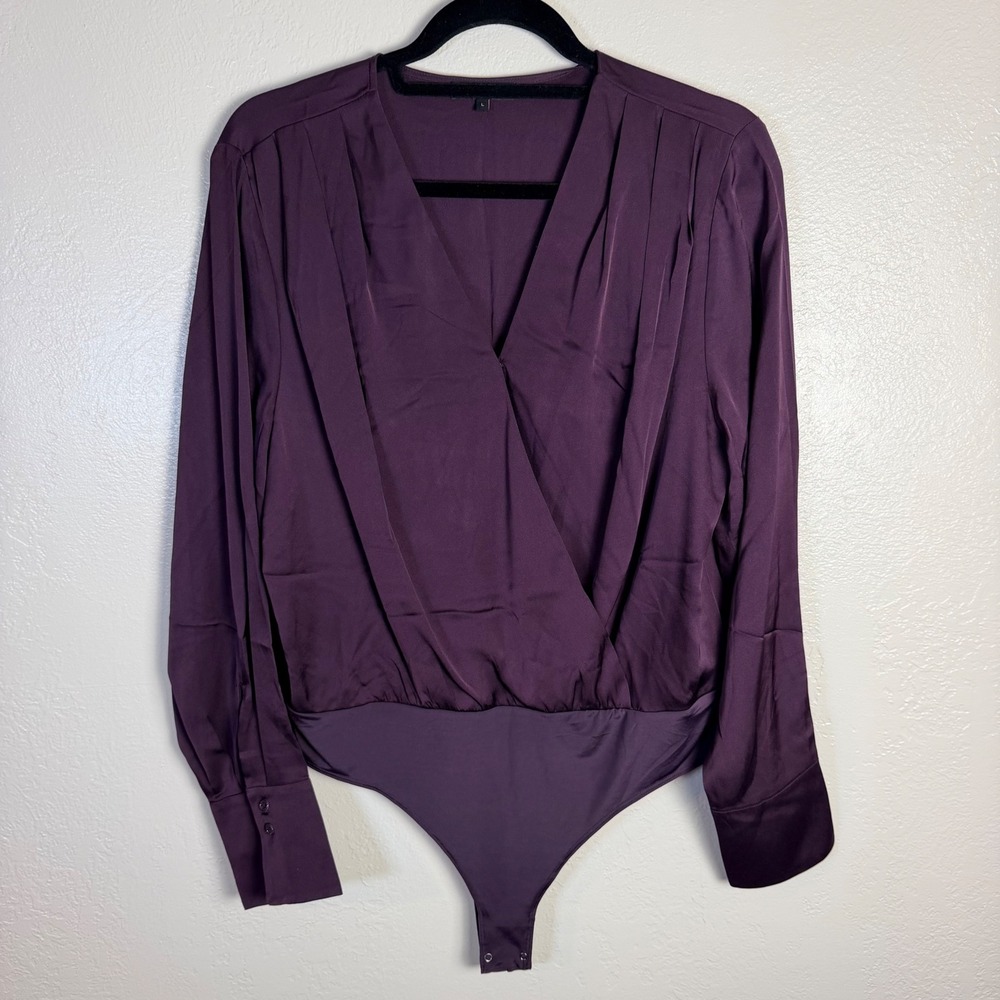Quince Women's L Washable Stretch Silk Surplice Bodysuit Deep Orchid Purple